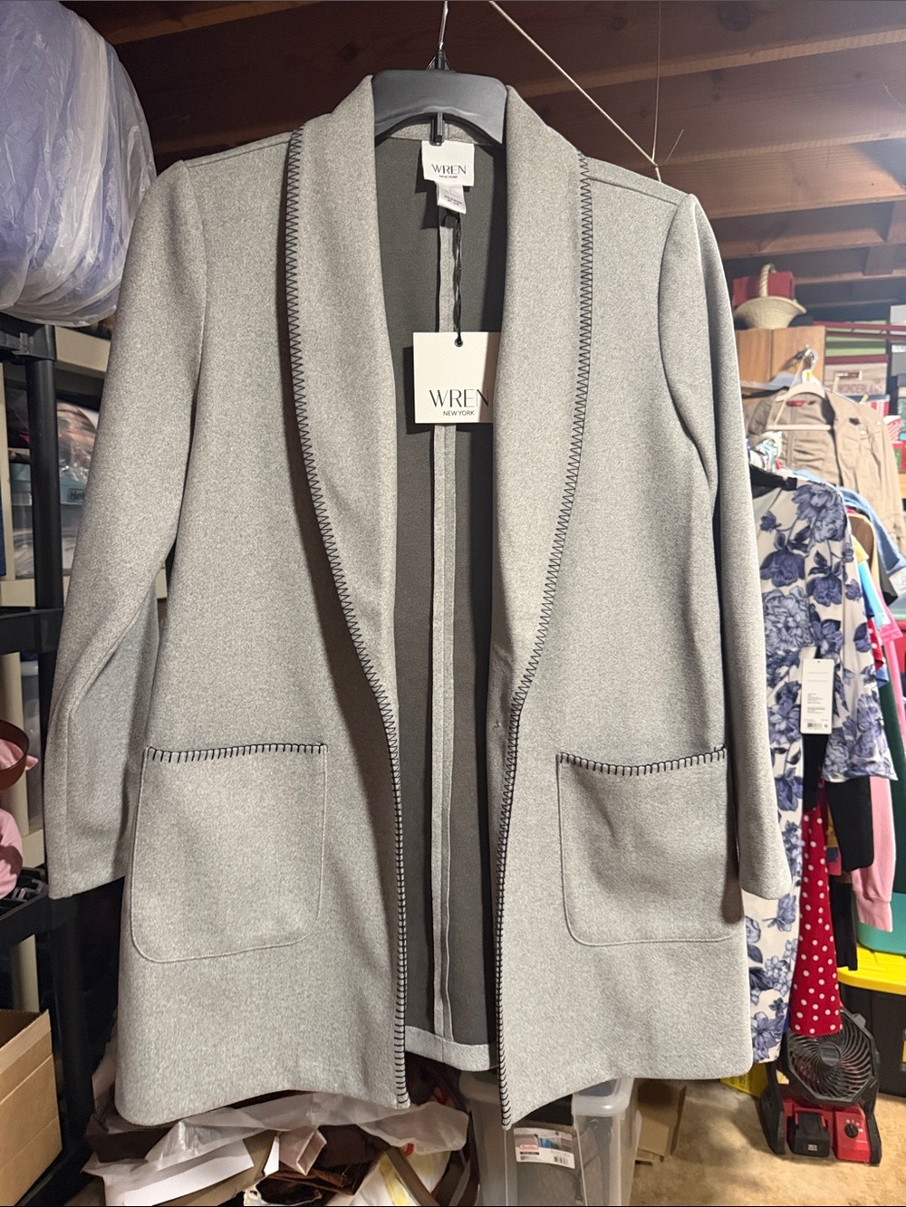 Wren Light Gray Open-Front Shawl Collar Blazer Coatigan